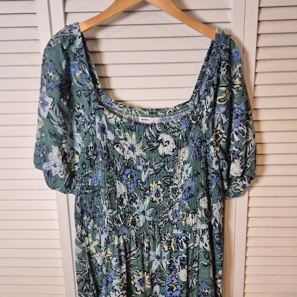 Sonoma Midi Dress XXL Green Floral Smocked Beachy Tropical Vacation Square Neck - Picture 3 of 8